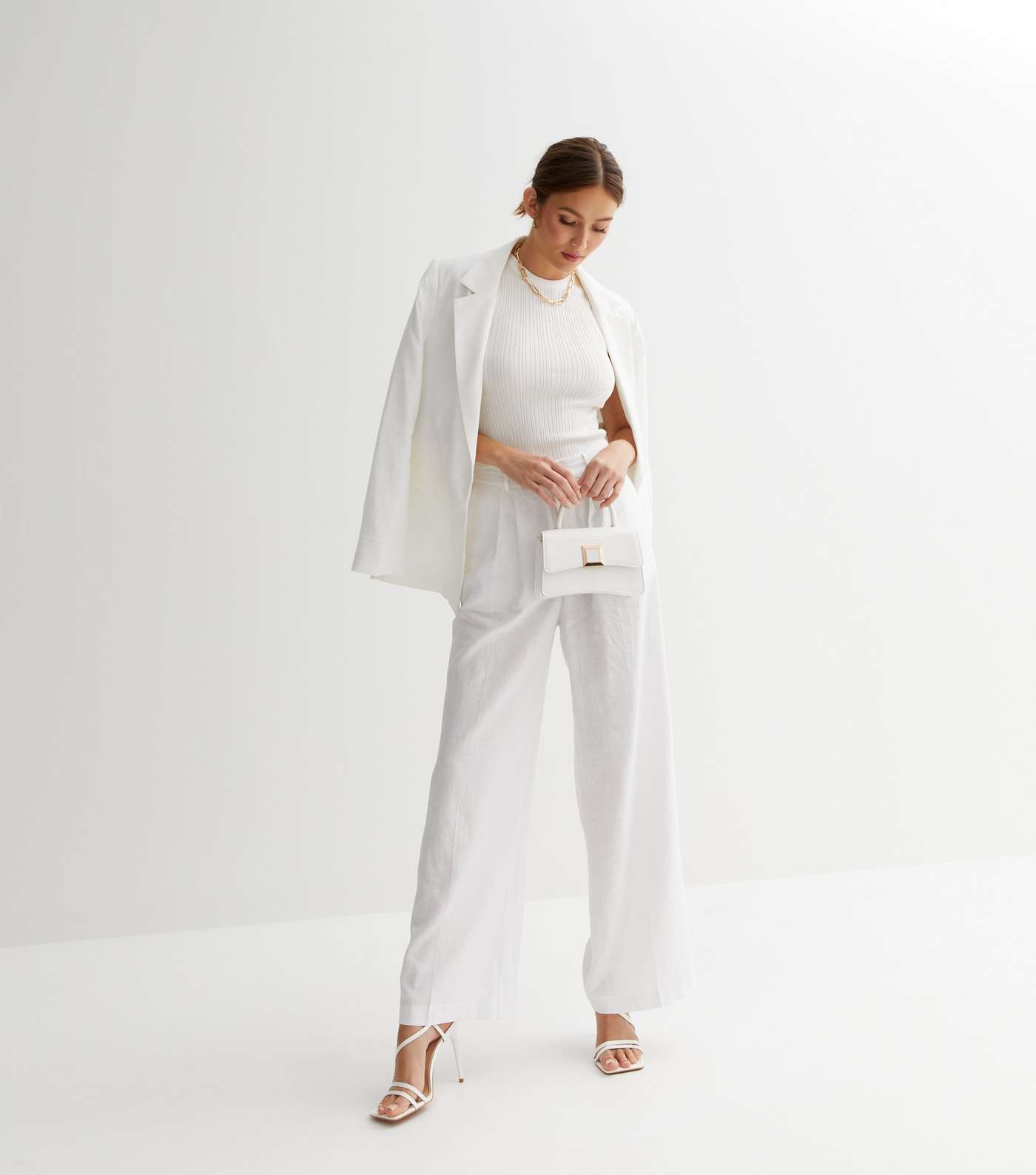 White Linen-Look Button Front Blazer Image 5