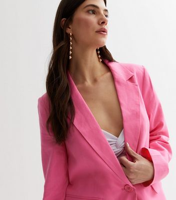 Bright Pink Linen Look Button Front Blazer New Look