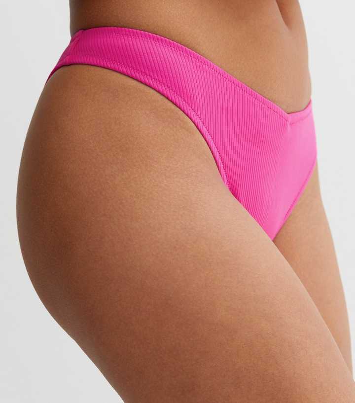 Bright Pink Ribbed V Front Bikini Bottoms