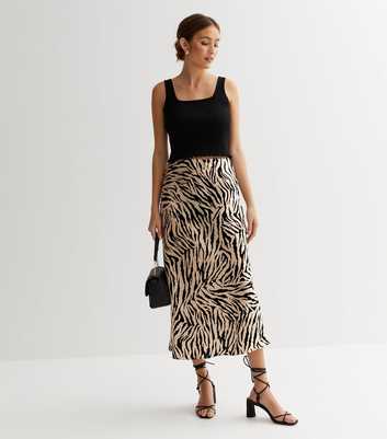 Brown Zebra Print Satin High Waist Midi Skirt