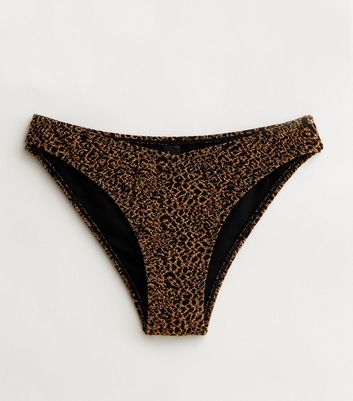 Brown Glitter Leopard Print V Front Bikini Bottoms New Look