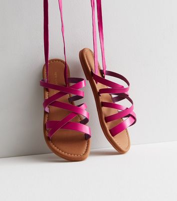 Bright Pink Leather Multi Strap Tie Sandals New Look