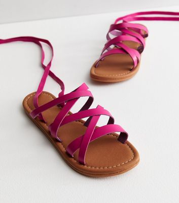 Bright Pink Leather Multi Strap Tie Sandals New Look