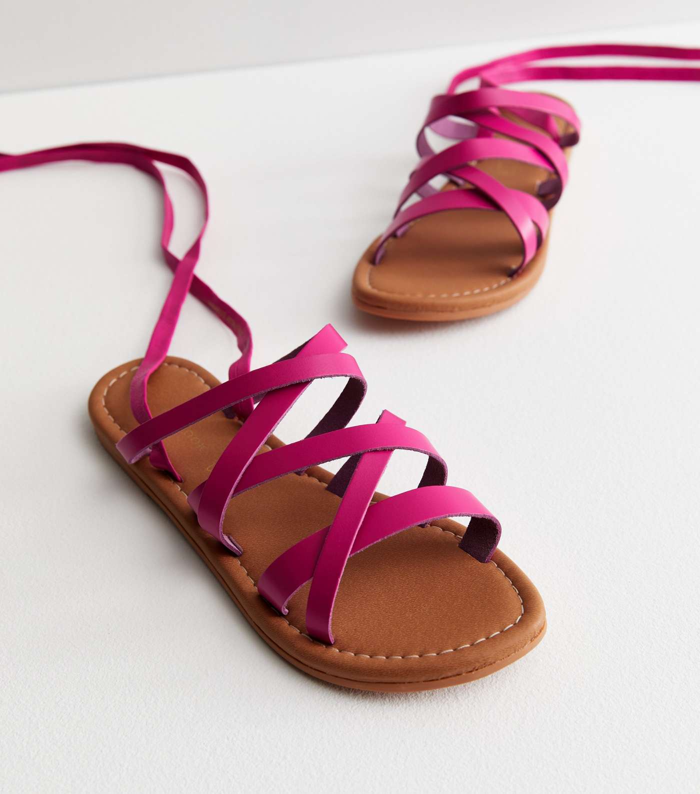 Bright Pink Leather Multi Strap Tie Sandals Image 3