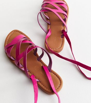 Bright Pink Leather Multi Strap Tie Sandals New Look