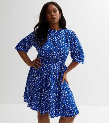Curves Blue Mark Making Puff Sleeve Mini Dress