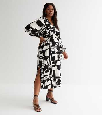 Curves Black Abstract Puff Sleeve Midi Dress