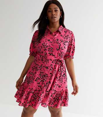Curves Pink Floral Frill Mini Shirt Dress
