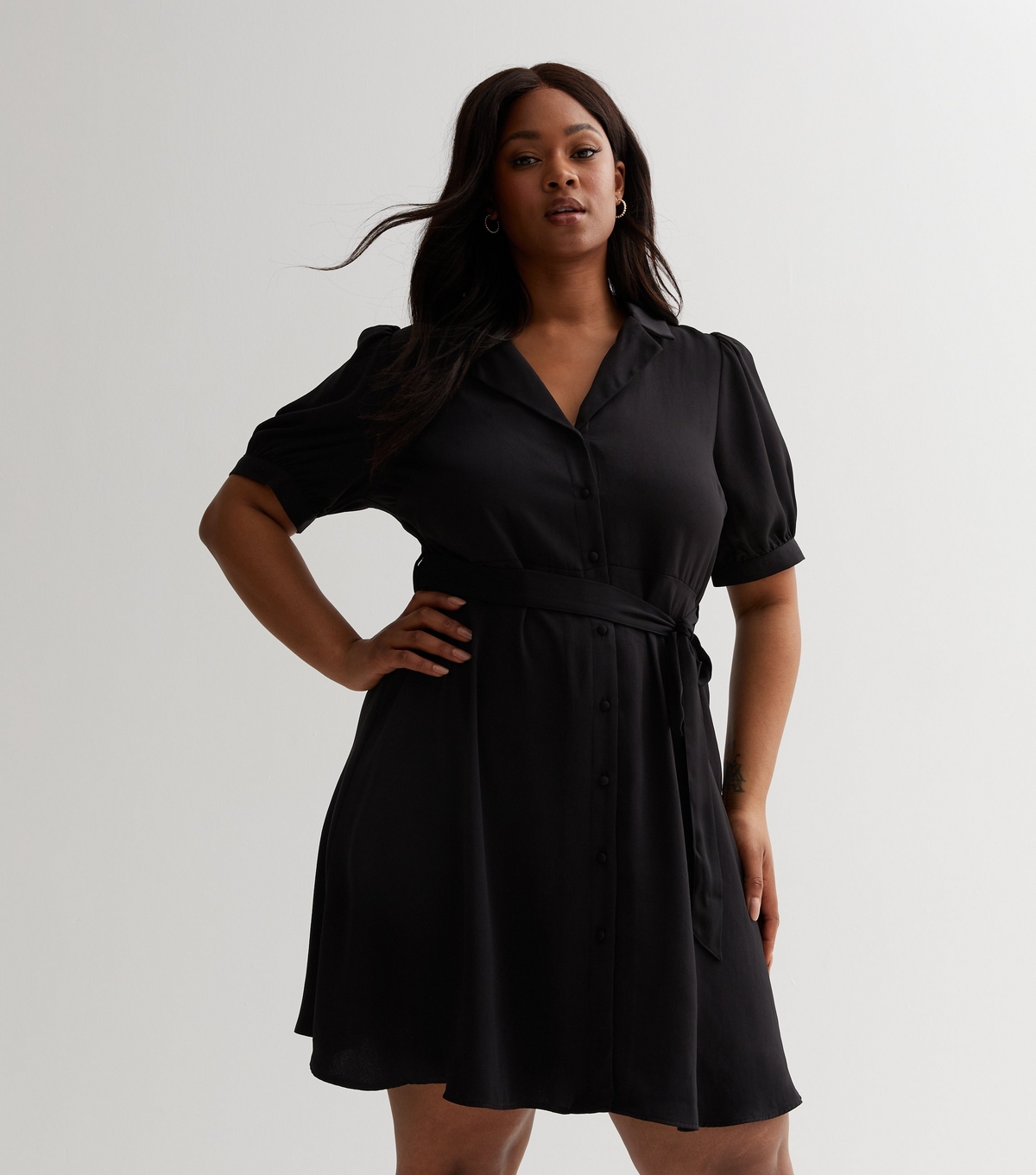 Women's Plus Size Black Belted Mini Shirt Dress Curves New Look