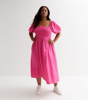 Curves Bright Pink Shirred Square Neck Midi Dress