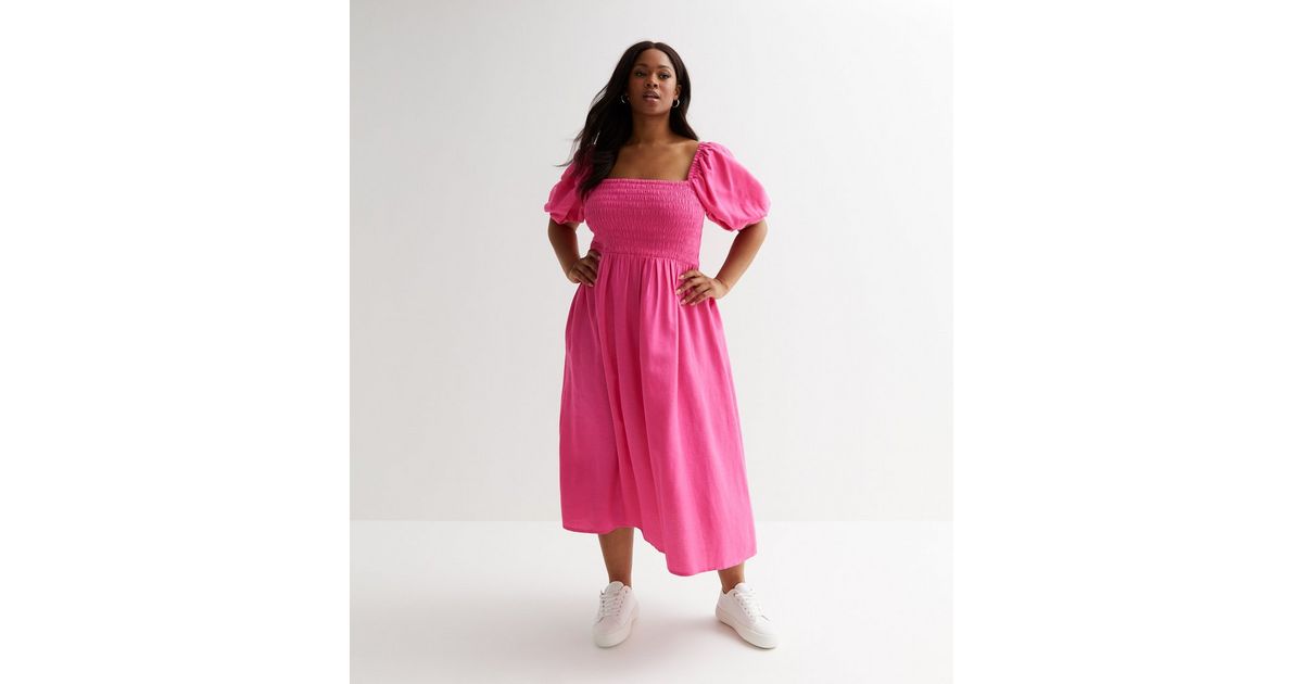 Curves Bright Pink Shirred Square Neck Midi Dress New Look