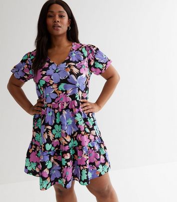Curves Black Floral Frill Tiered Mini Smock Dress | New Look