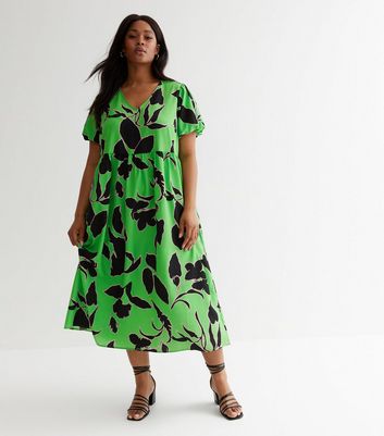Curves Green Floral Oversized Midi Smock Dress New Look
