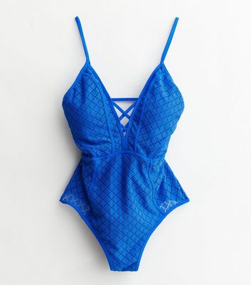 Blue Crochet Plunging Swimsuit New Look