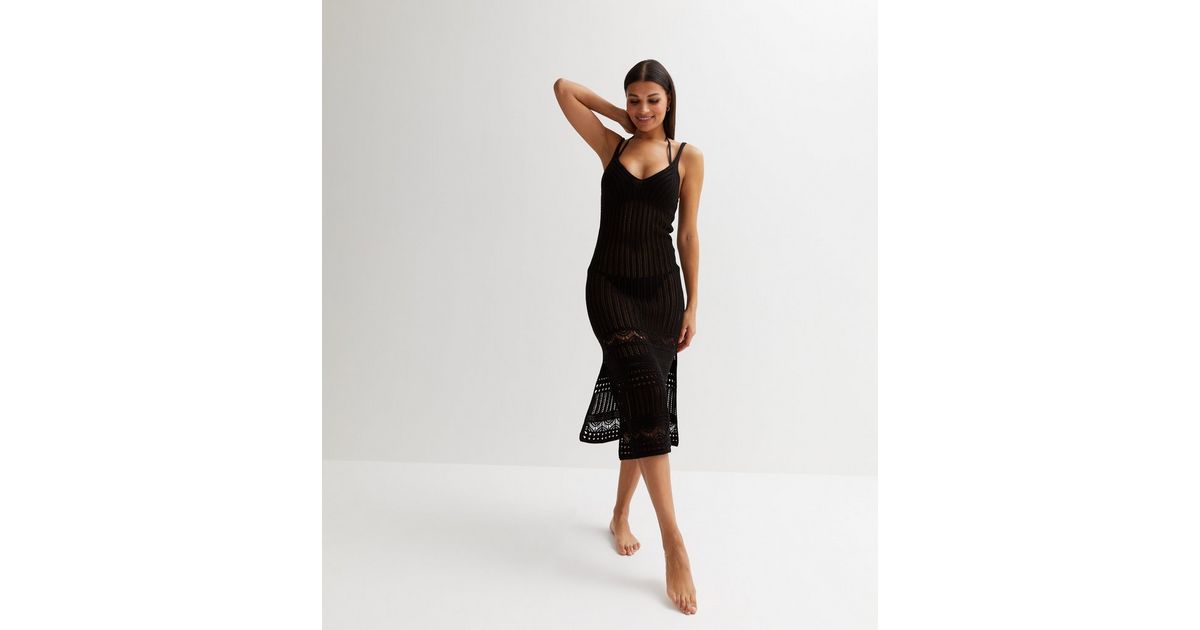 Black Crochet Strappy Midi Beach Dress | New Look