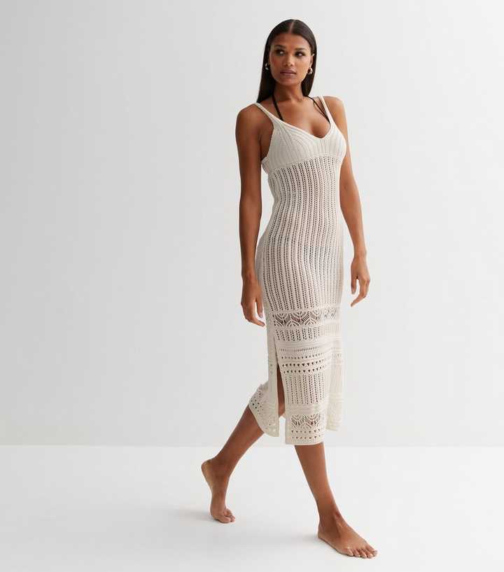 White Crochet Strappy Midi Beach Dress