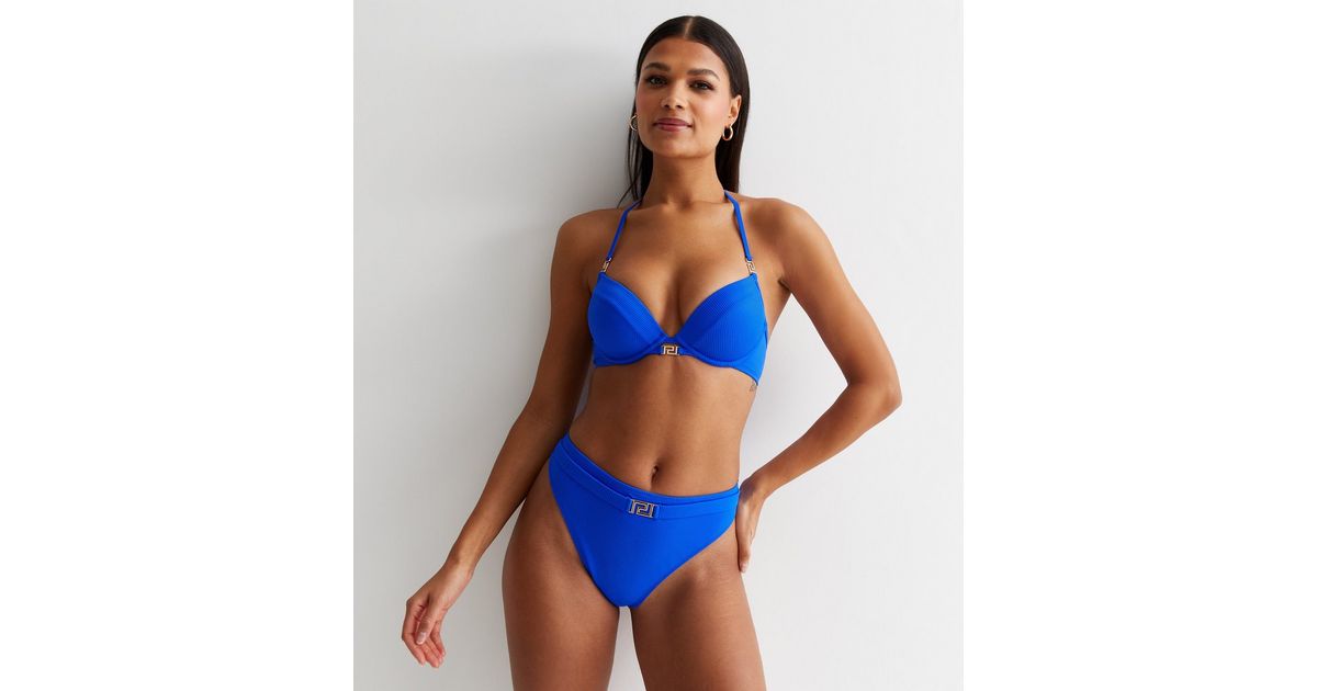 Bright Blue Ribbed Monogram Underwired Bikini Top