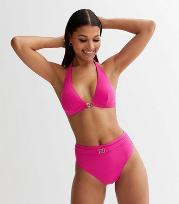 Bright Pink Ribbed Monogram High Waist Bikini Bottoms New Look