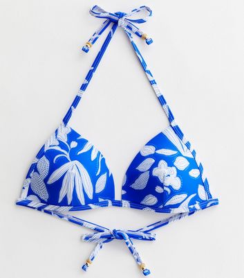 Blue Tropical Moulded Triangle Halter Bikini Top New Look
