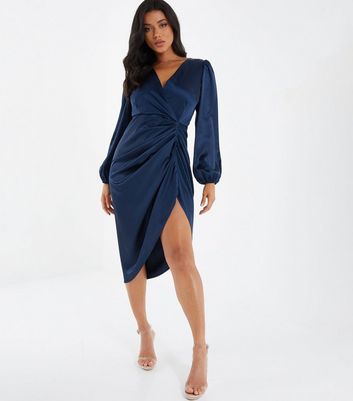 QUIZ Navy Satin Ruched Midi Wrap Dress | New Look