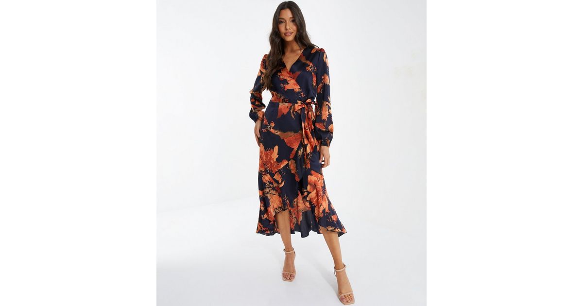 QUIZ Navy Floral Satin V Neck Long Sleeve Frill Midi Wrap Dress | New Look