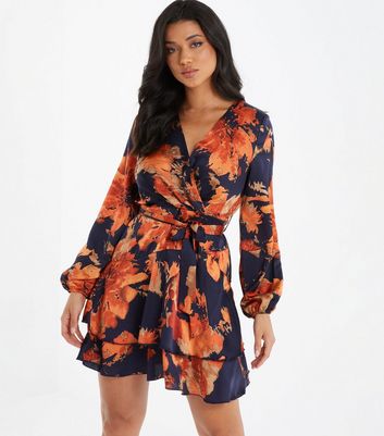 QUIZ Navy Floral Tiered Mini Wrap Dress New Look