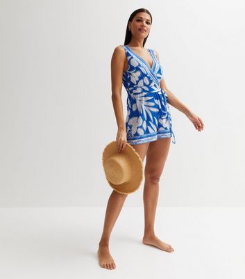 Blue Leaf Print Beach Playsuit New Look