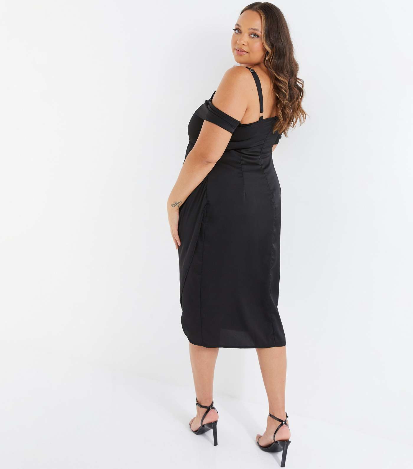 QUIZ Curves Black Satin Strappy Cold Shoulder Midi Dress Image 3