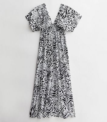 White Animal Print Split Short Sleeve Maxi Beach Dress New Look