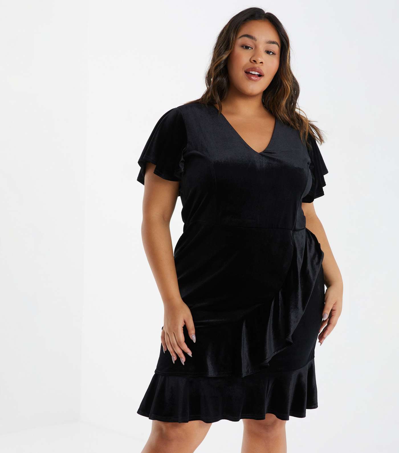 QUIZ Curves Black Velvet Short Sleeve Frill Mini Dress