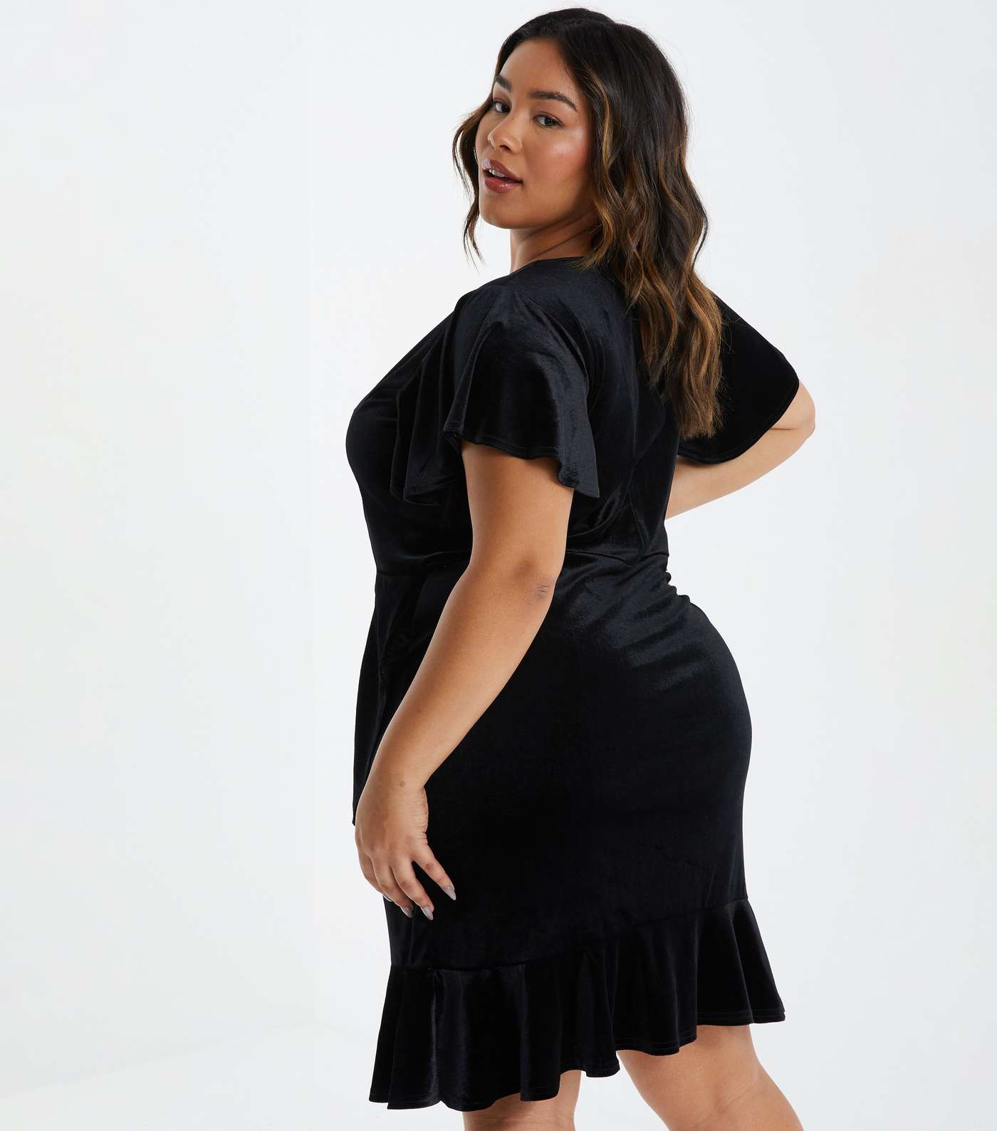 QUIZ Curves Black Velvet Short Sleeve Frill Mini Dress Image 3