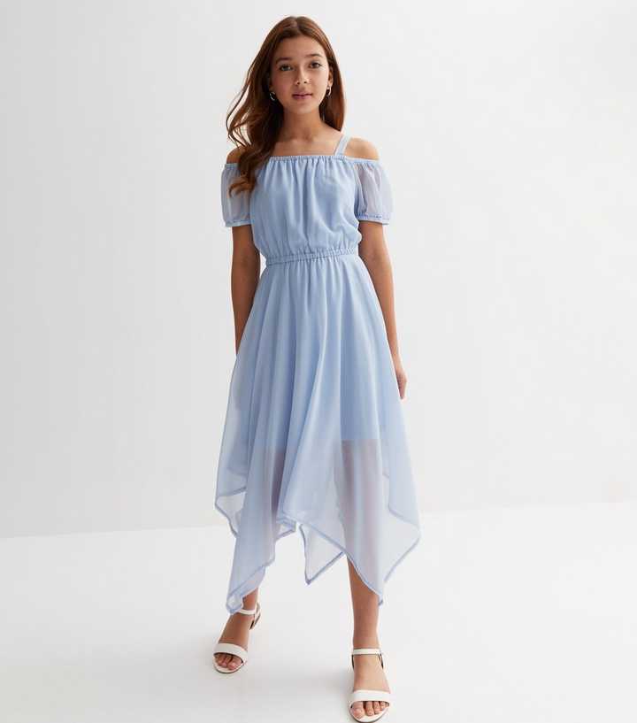 Girls Pale Blue Chiffon Hanky Hem Bardot Midi Dress | New Look