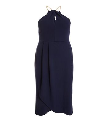 QUIZ Curves Navy Halter Neck Keyhole Midi Dress New Look