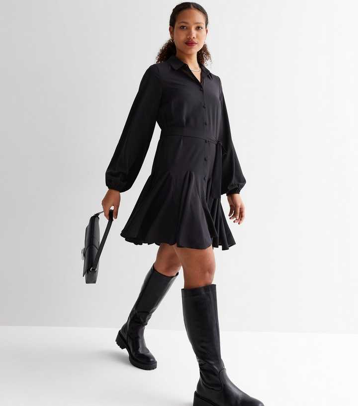 new look black shirt dress Black Long Sleeve Belted Midi Shirt Dress