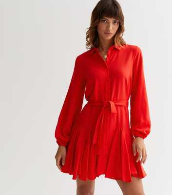 Red Tie Waist Mini Shirt Dress