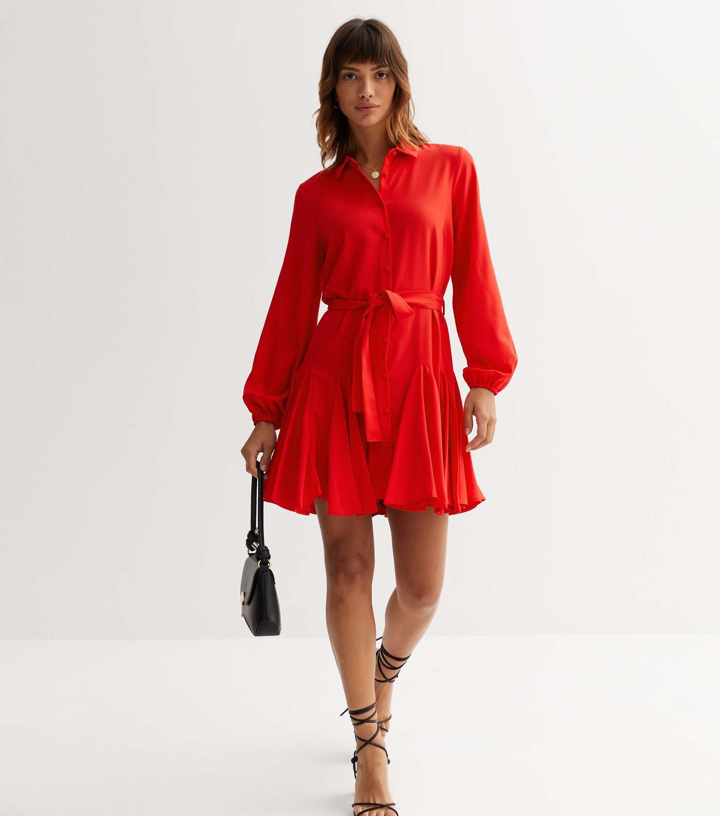 Red Tie Waist Mini Shirt Dress Image 2