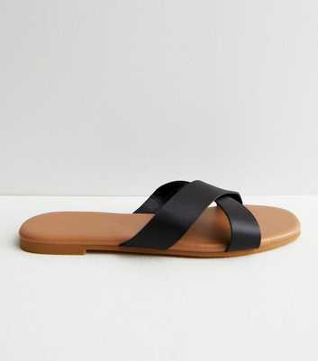 Black Leather-Look Cross Strap Sliders