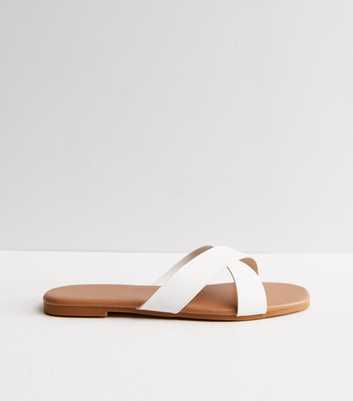 White Leather-Look Cross Strap Sliders
