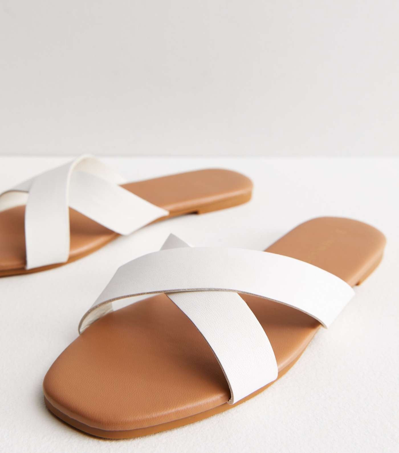 White Leather-Look Cross Strap Sliders Image 3