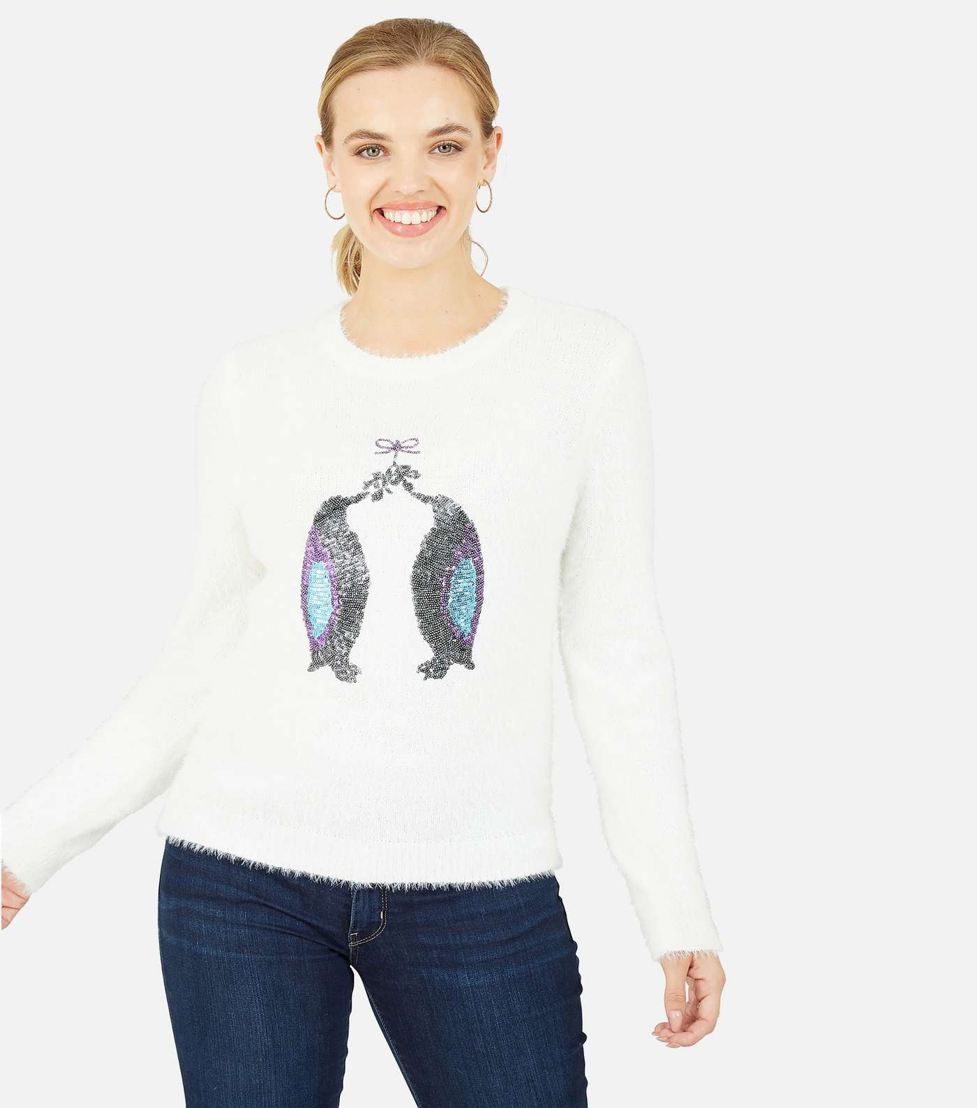 Mela Cream Sequin Embellished Penguin Fluffy Knit Jumper Image 3