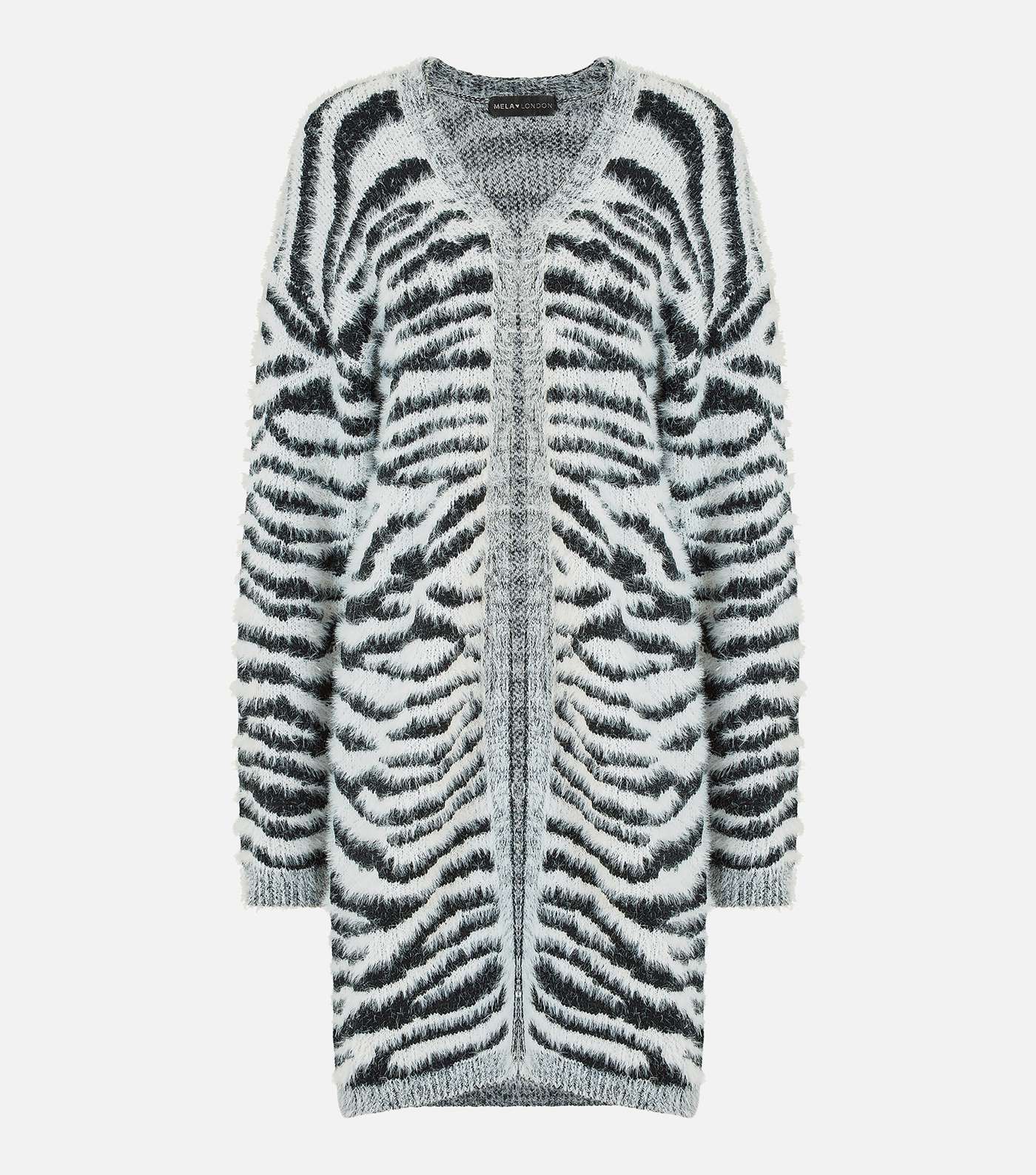 Mela Black Zebra Print Fluffy Knit Long Cardigan Image 5