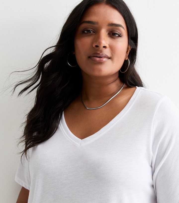 Curves White V Neck Jersey T Shirt