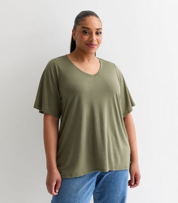 Curves Khaki V Neck T-Shirt | New Look