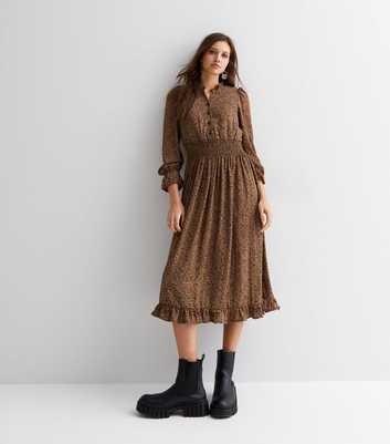 Gini London Brown Spot Button Front Shirred Waist Midi Dress 