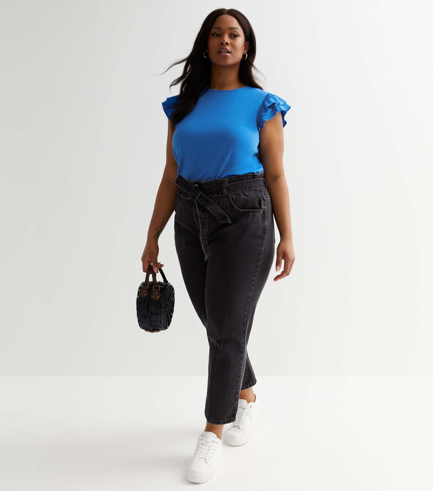 Curves Bright Blue Frill Sleeve T-Shirt Image 3