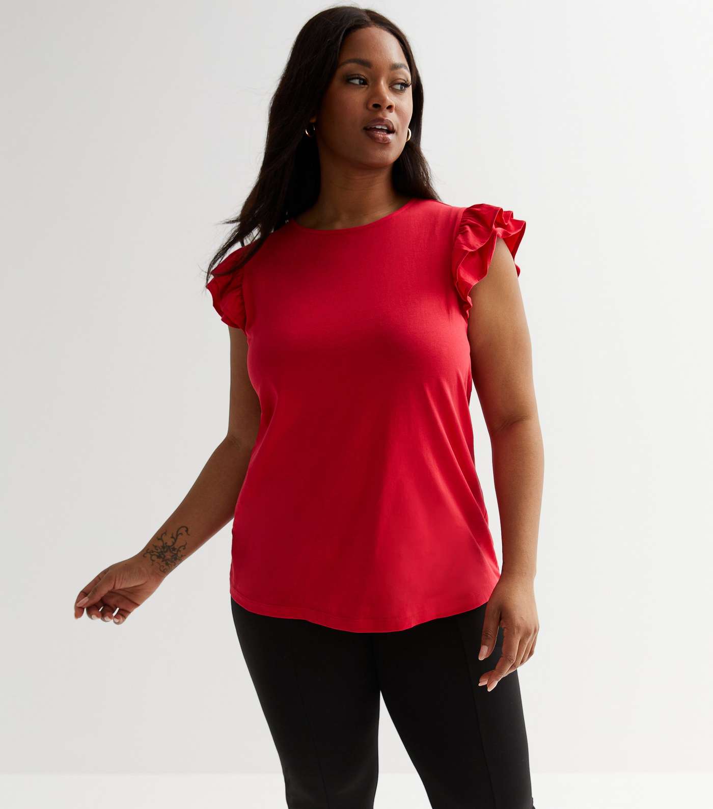 Curves Red Frill Sleeve T-Shirt Image 2