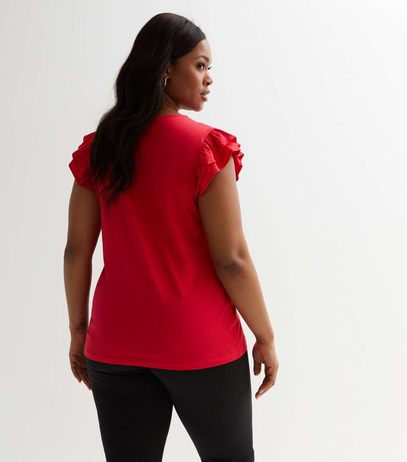 Curves Red Frill Sleeve T-Shirt Image 4