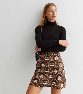 Brown Retro Floral High Waist Mini Skirt