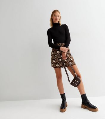 Brown Retro Floral High Waist Mini Skirt | New Look