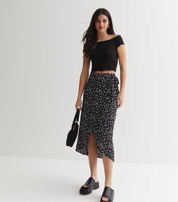 Black Spot Crepe Midi Wrap Skirt